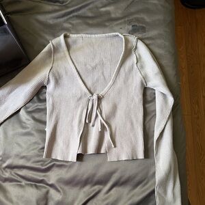 Elegant Cream Tie-Front Ribbed Blouse